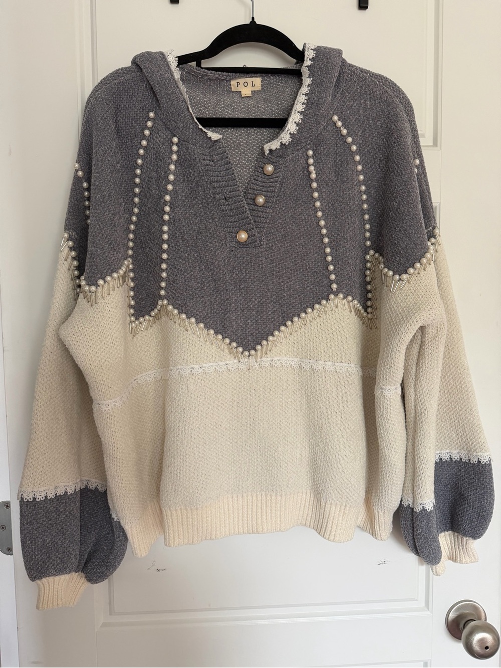 POL Gray and Cream Pearl-Embellished Cowl Pullover